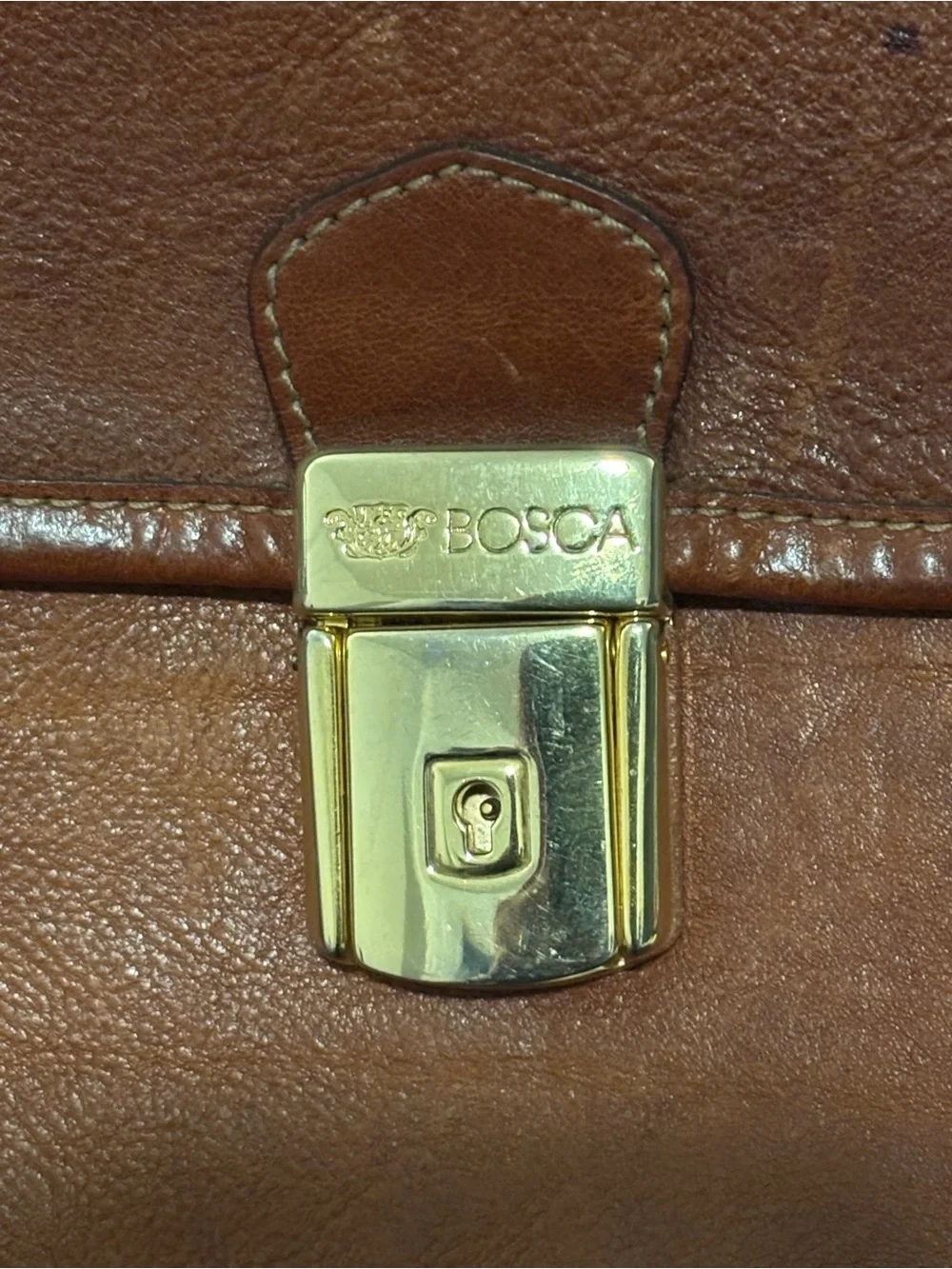 Bosca Tan Leather Briefcase with Gold Hardware
